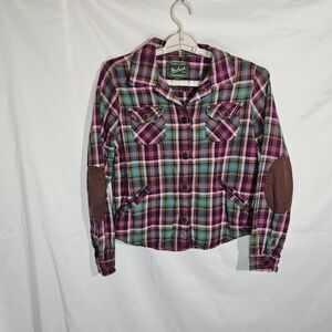 Woolrich Plaid Flannel Shirt Jacket Elbow Patches Purple Teal Cotton Size S